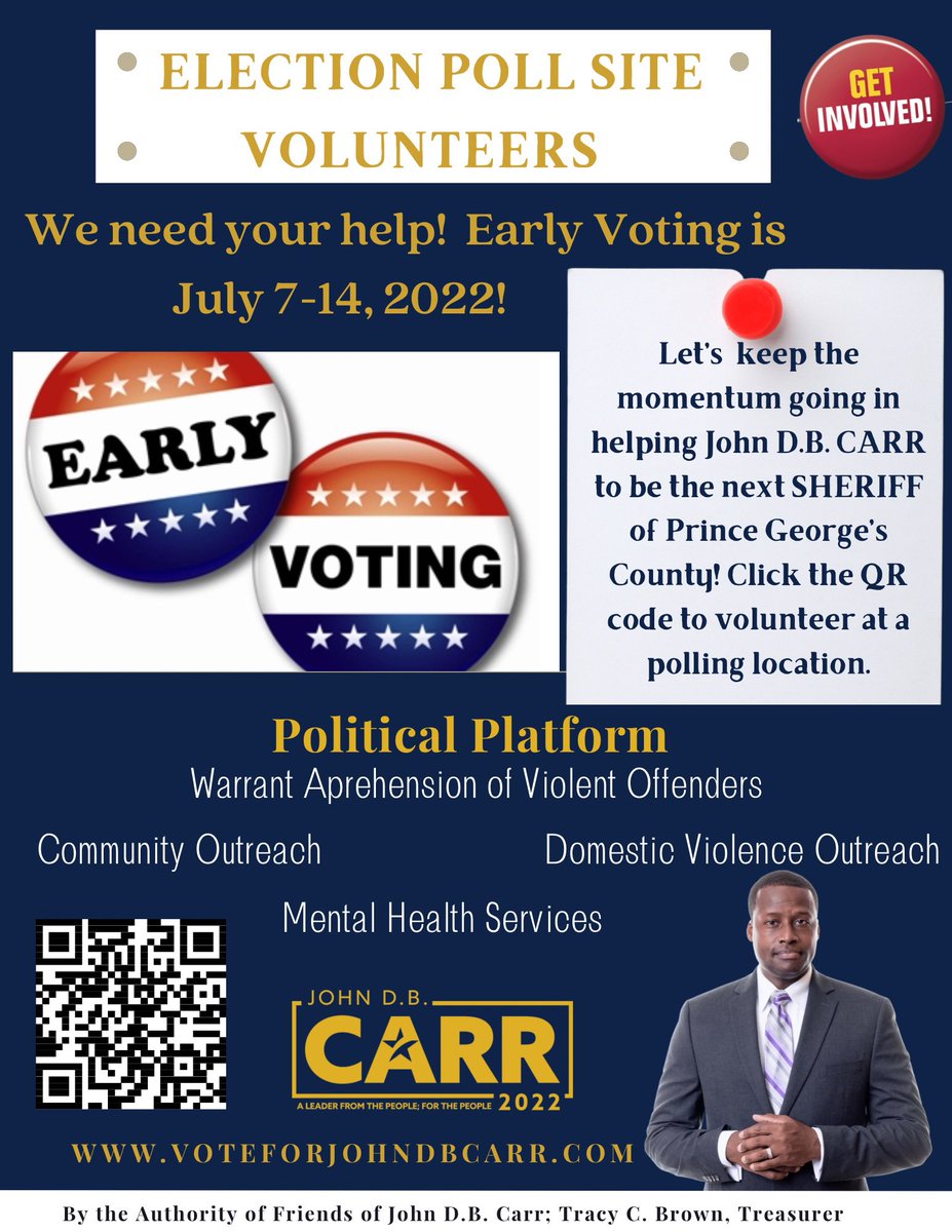 VoteForJohnCarr's tweet photo. The countdown is on with 21 days until Early Voting begins and 33 days until the primary election! Voice your Vote for CARR, your next Sheriff of Prince George’s County!
#VoteCarrforSheriff
#Vote2022 #BuildingOnLegacy
#princegeorgescountymd #princegeorgescounty https://t.co/499k0ZXydB