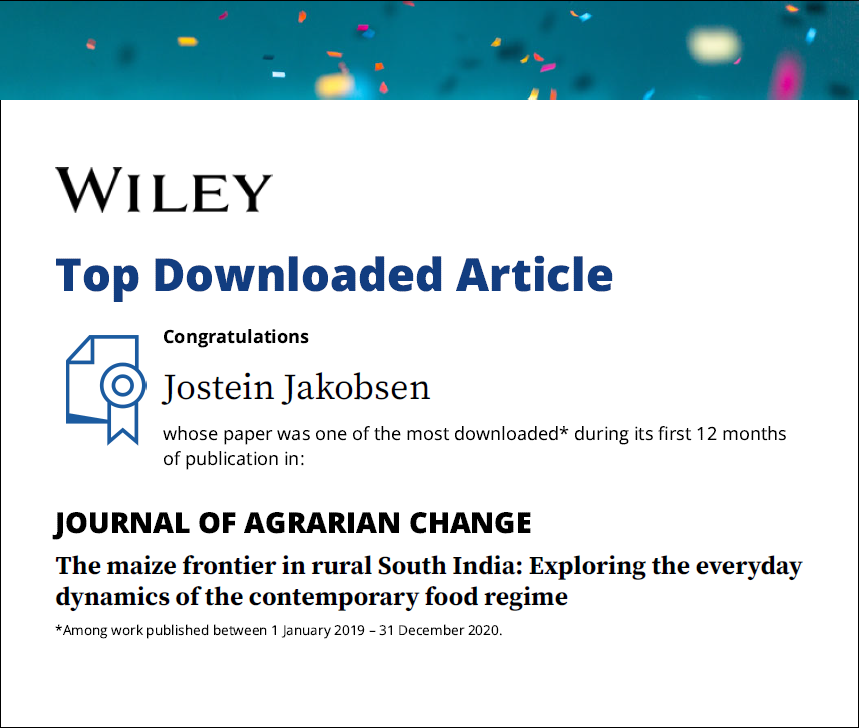 sum_uio's tweet photo. 🇮🇳The article "The maize frontier in Rural South India" by Jostein Jakobsen is among the top 10% most downloaded papers in @AgrarianChange @PolEcoNet @NulliusThe #politicaleconomy #ruraltransformation #TopDownloadedArticle Read it here🔓 👉https://t.co/Gh6Wh1RMG7 https://t.co/u3psO2b0Og