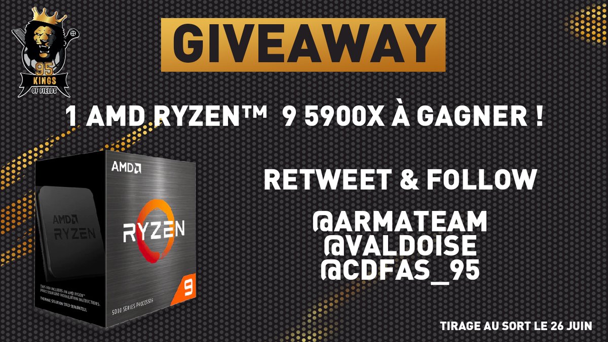 armateam's tweet photo. 🎁 Giveaway Ryzen™  9 – 5900X 

Tente de remporter le meilleur processeur de gaming au monde ! 🔥

➡️ RT &amp; Follow
🔸 @armateam 
🔸 @valdoise  
🔸 @CDFAS_95  

⚠️ TAS le 26 Juin

Bonne chance à tous 🍀 https://t.co/UUtarAQKSq