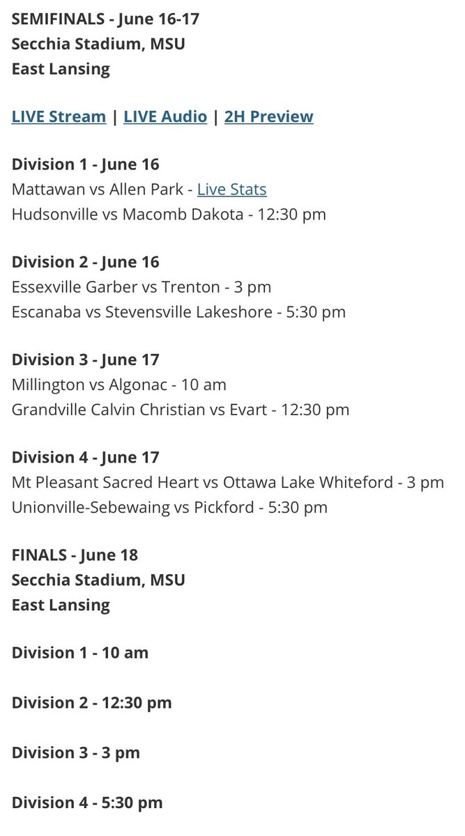 Good luck to all the teams playing in the semi-finals today!! Find all the information you need here: mhsaa.com/Sports/Softbal…