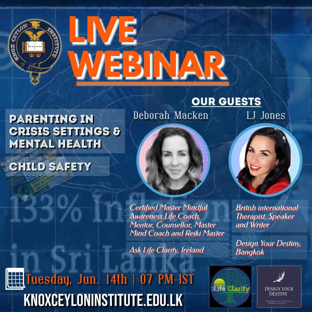 KnoxCeylonInst's tweet photo. A well needed Webinar on Parenting in Crisis Setting and Mental Health and Child Safety by Ms.Deborah Macken and Ms.LJ Jones
Do join us on the 14th of June at 7:00 PM
#childsafety #parenting #webinar #mentalhealth #mentalhealthawareness #knoxceyloninstitute #childsafetysrilanka https://t.co/22LbgzCxtf