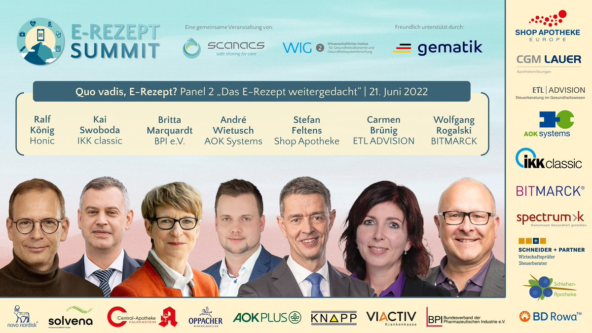 In unserem 2. Panel beim 3. #EREZEPT SUMMIT wird das E-Rezept “weitergedacht”. Wir freuen uns auf eine spannende Diskussion mit Ralf König, @KaiSwoboda, Britta Marquardt, André Wietusch, @StefanFeltens, Carmen Brünig, @fbscanacs und Wolfgang Rogalski. ➡️ erezeptsummit.de