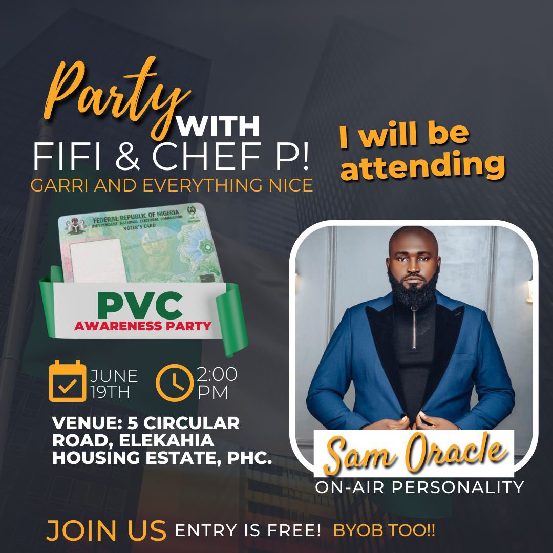 SamOracleNedu's tweet photo. You’ve heard the importance of exercising your civic duty.
Are you willing to try?
Let’s party together and find out.
#SamOracleChinedu
#GetYourPVC https://t.co/SMadDevjQR