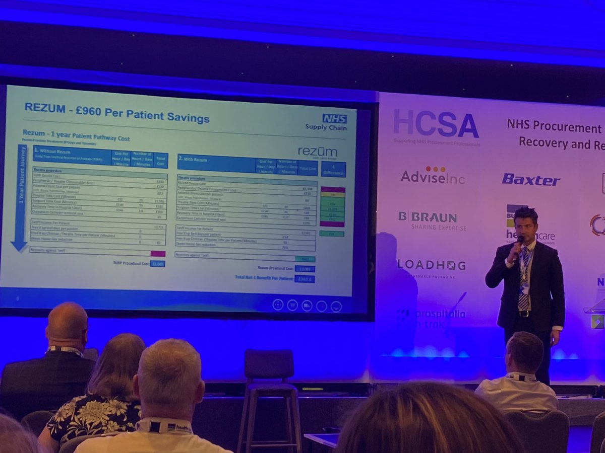 NHSSupplyChain's tweet photo. Lee Taylor, Clinical & Analytics lead currently talking with Shriya Karia @GSTTnhs about moving from TURP to Rezum. Theatre time 20 mins down from 75 mins and a 4 hour recovery time instead of 2.8 days. Saving clinical time, beds and improving patient journey. #HCSASummer22 https://t.co/9FN4IMIhPh