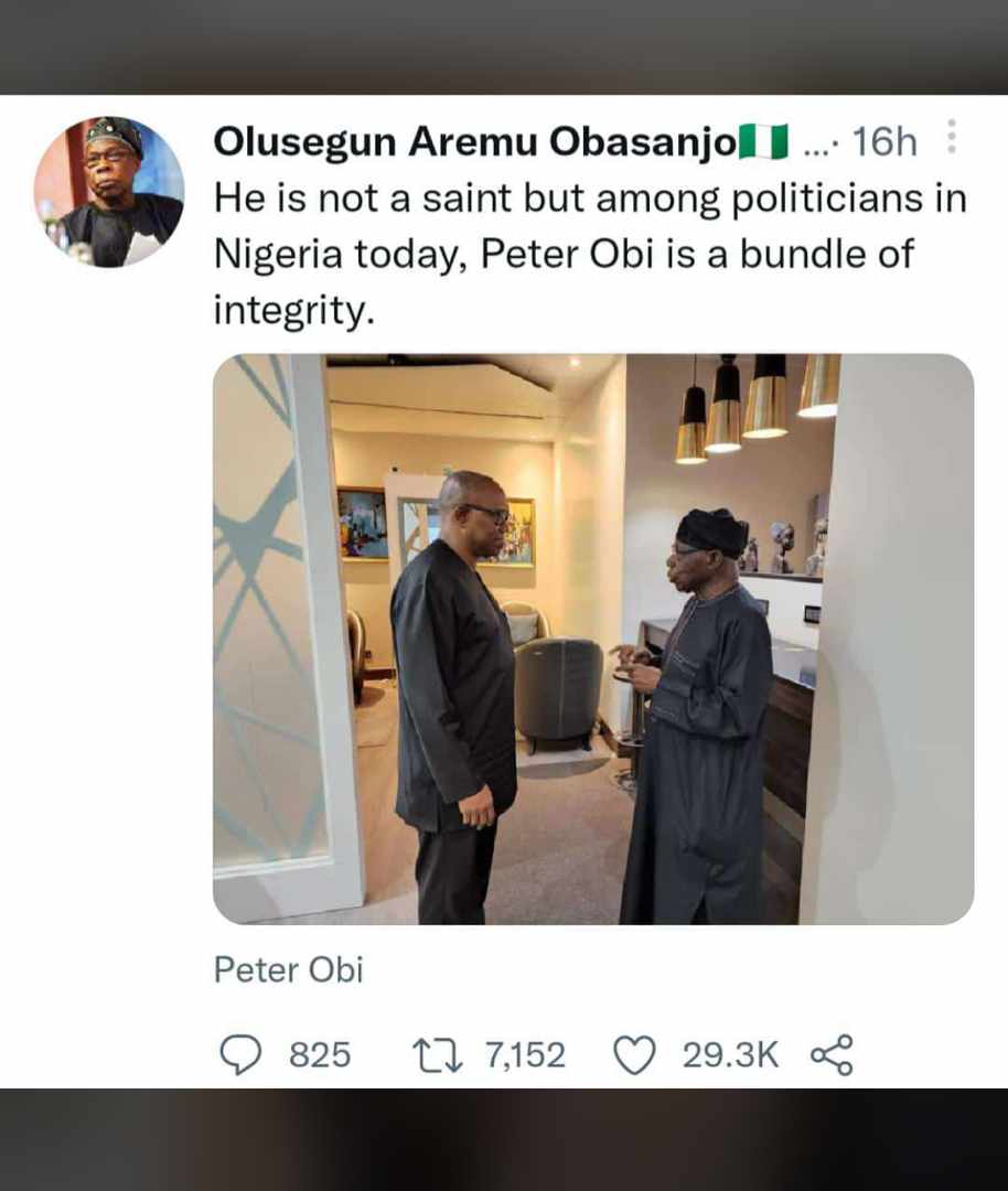 AgboMicMS's tweet photo. Look what a obasanjo said about Peter Obi.
#OBIdients
#PeterObi4President2023
#Wike
#ibora https://t.co/XYyk7fAwyw