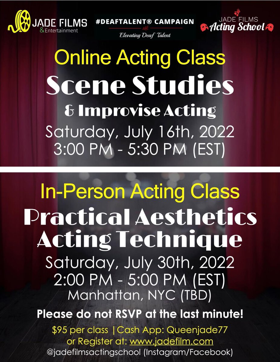 DeafShowRunner's tweet photo. Online Acting Class🎭
Saturday, July 16th, 2022
3:00 PM - 5:30 PM (EST)
In-Person Acting Class🎭
Saturday, July 30th, 2022
2:00 PM - 5:00 PM (EST)
$95 per class | Cash App: Queenjade77 https://t.co/3SrzSg3BXu
#DeafTalent® #JadeFilmsActingSchool #TrainingActors #ActingClasses https://t.co/mLaY5BC9Ai