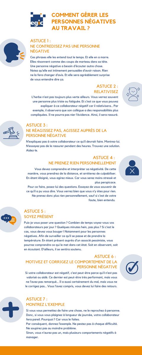 [TIPS] Arriverez-vous à gérer une attitude négative au travail ? Cette question vous hante chaque jour quand vous prenez le chemin du travail. Un collaborateur vous agace ? Voici 7 astuces pour vous aider à améliorer la situation. 👍

#négatif #pessimiste #bureau