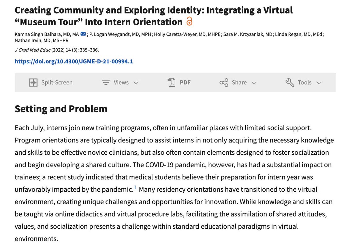 ATSMedEd's tweet image. Today's #MindfulMonday comes from @JournalofGME: Creating Community &amp;amp; Exploring Identity: Integrating a Virtual "Museum Tour" into intern orientation

🔗tinyurl.com/yjxbjyy7 #meded