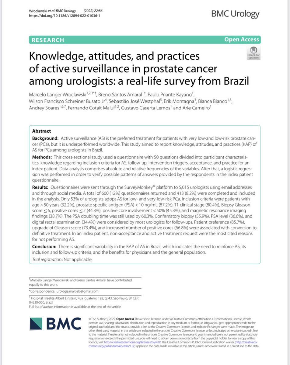 SoaresAndrey's tweet photo. Happy to share our work lead by @wroclawski_uro with the largest survey worldwide and the first in Brazil evaluating how AS is used in Brazil. Only 53% of urologists use AS for very low and low risk PC. Medical and patient education are needed. https://t.co/vgGPRLcf7X https://t.co/8ysAzVqaZK