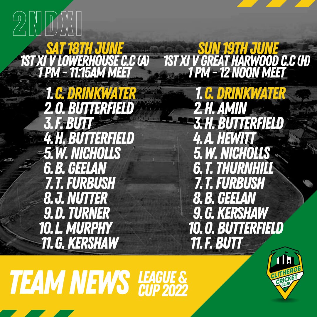 Clitheroe_CC's tweet photo. 💚SELECTION NEWS💛
#Friday brings #T20 away action.
#Saturday our 1stXI are at home in #league action whilst our 2ndXI are away.
#Sunday brings a 1st XI #WorsleyCup away fixture with our 2nd XI are at home in the cup.
🏏💥
#WeAreClitheroe #ClitheroeCC #Clitheroe https://t.co/hxM4ajS28m