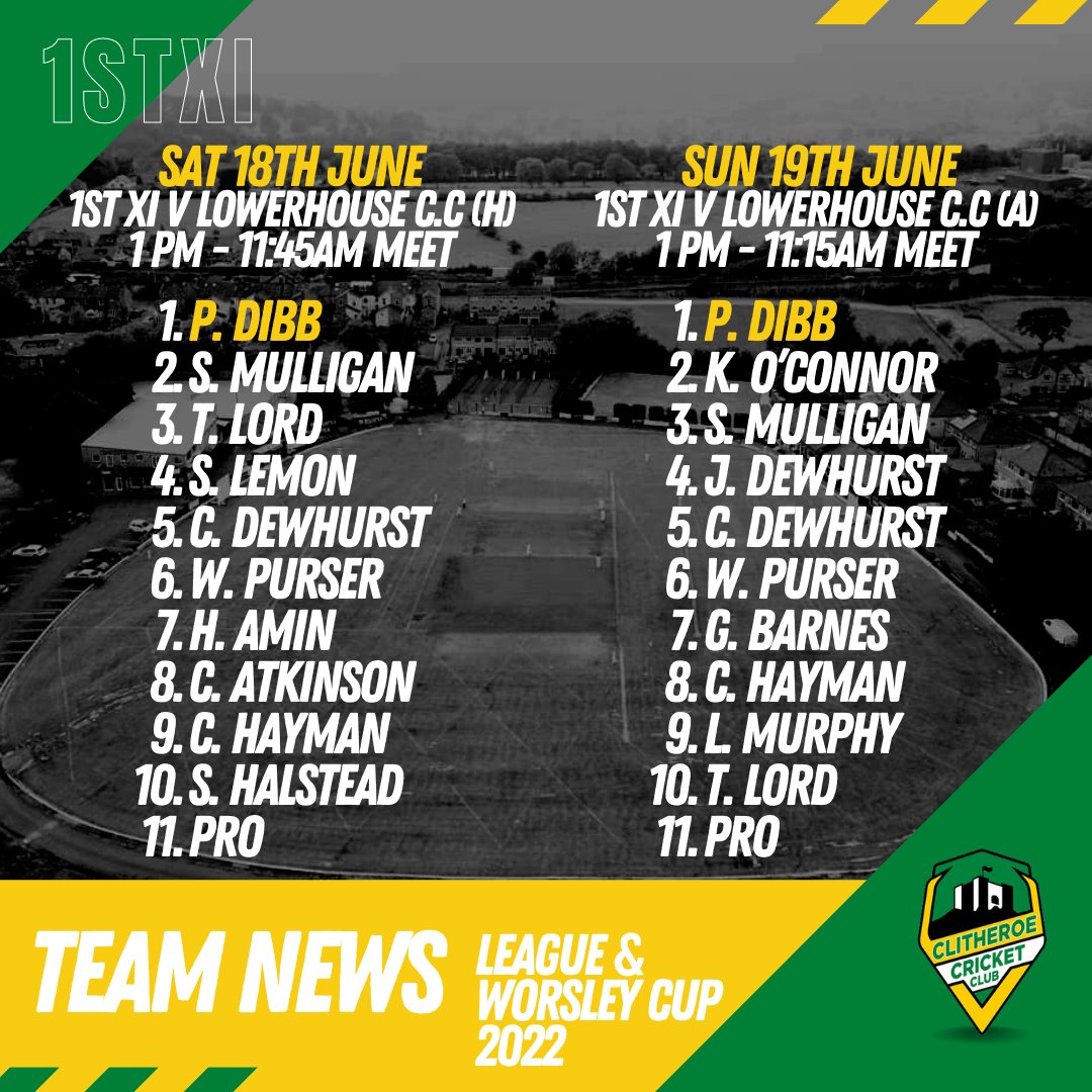 Clitheroe_CC's tweet photo. 💚SELECTION NEWS💛
#Friday brings #T20 away action.
#Saturday our 1stXI are at home in #league action whilst our 2ndXI are away.
#Sunday brings a 1st XI #WorsleyCup away fixture with our 2nd XI are at home in the cup.
🏏💥
#WeAreClitheroe #ClitheroeCC #Clitheroe https://t.co/hxM4ajS28m