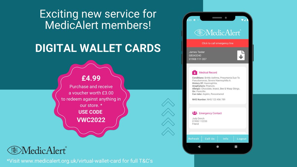 Exciting new service for our #MedicAlert members - a digital wallet card! Now you can have your wallet card on your phone - available via Apple App Store and Google Play Store.

Please visit our website for more information.
medicalert.org.uk/virtual-wallet…

#MedicalID #HiddenCondition