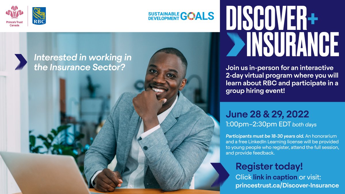 KingsTrustCA's tweet photo. Want to start a career in the #insurance sector? Then, sign up for this opportunity to gain the confidence and skills needed to obtain and sustain employment at @RBC Insurance.
Register now ๐ https://t.co/TH1Zg10OL0
#PrincesTrustCanada #Jobs #RBCInsurance #GetHired https://t.co/lt7SkMHiUZ