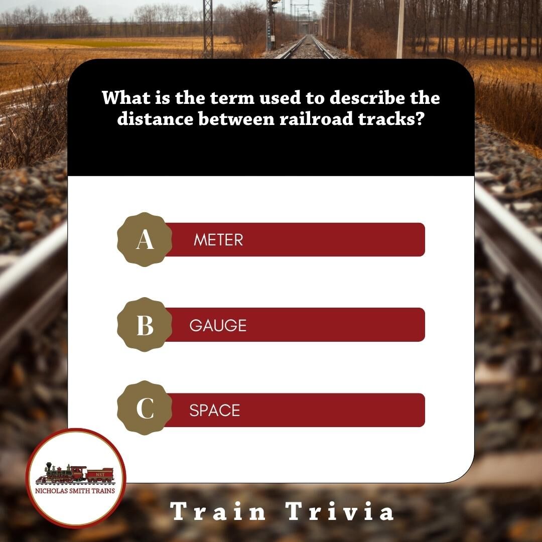 NSTrainsToys's tweet photo. Let's do some #traintriviathursday

What is the term used to describe the distance between railroad tracks?

.
.
.
#NicholasSmith #NicholasSmithTrainsToys #Train #SmallBusiness #Hobbyshop https://t.co/7YgmE2rUrU