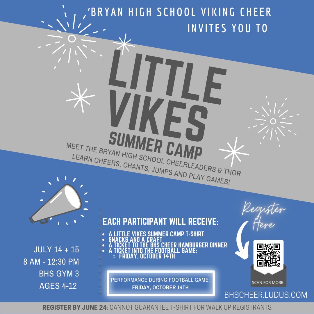 BryanISD's tweet photo. https://t.co/LYkdqMCaMl 
-Ages 4-12
-July 14-15 from 8 am-12:30 pm in BHS Gym 3
-Reg. Deadline: June 24 to get a t-shirt

https://t.co/C8CCtDS9rn
-Potty-trained toddlers to those entering 6th-grade
-July 11-13 from 8 am-12 pm at BHS
--Reg. Deadline: July 1 to get a t-shirt https://t.co/EWwOPtyP8r