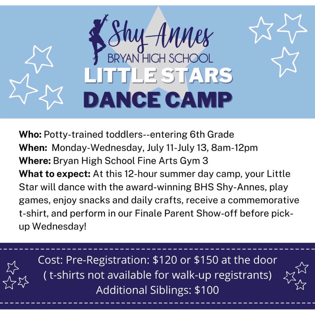 BryanISD's tweet photo. https://t.co/LYkdqMCaMl 
-Ages 4-12
-July 14-15 from 8 am-12:30 pm in BHS Gym 3
-Reg. Deadline: June 24 to get a t-shirt

https://t.co/C8CCtDS9rn
-Potty-trained toddlers to those entering 6th-grade
-July 11-13 from 8 am-12 pm at BHS
--Reg. Deadline: July 1 to get a t-shirt https://t.co/EWwOPtyP8r