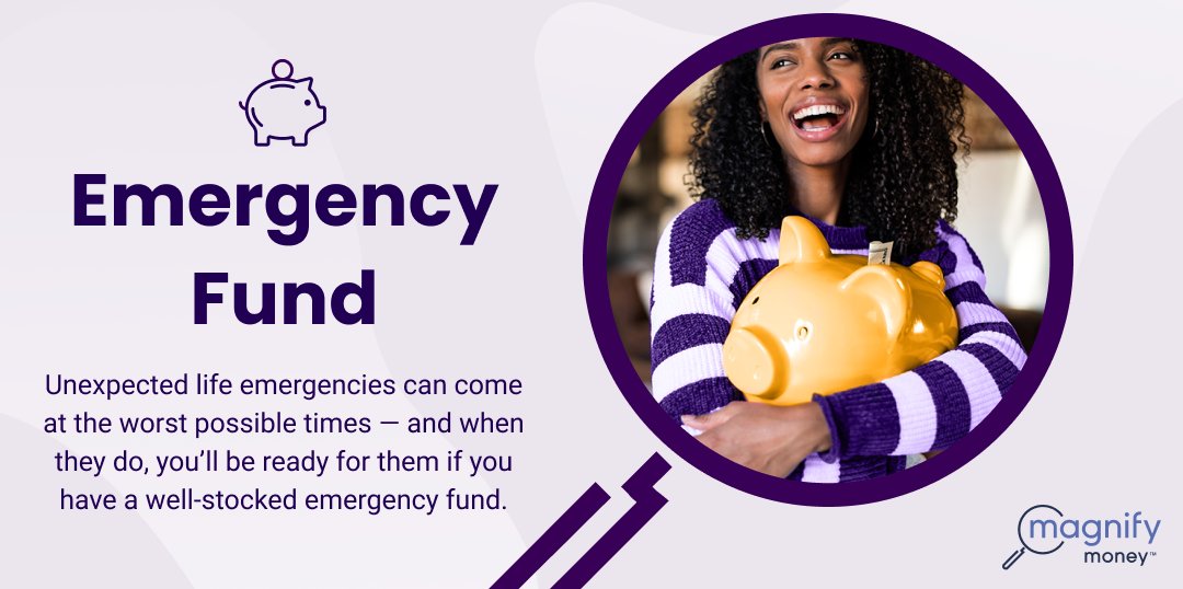 magnify_money's tweet photo. An emergency fund is a sum of money that you set aside to pay for serious, unexpected financial emergencies. Your emergency fund helps you avoid relying on expensive forms of debt, like personal loans or credit cards. https://t.co/wVhvSbzTuK https://t.co/y1D6B8YpjG