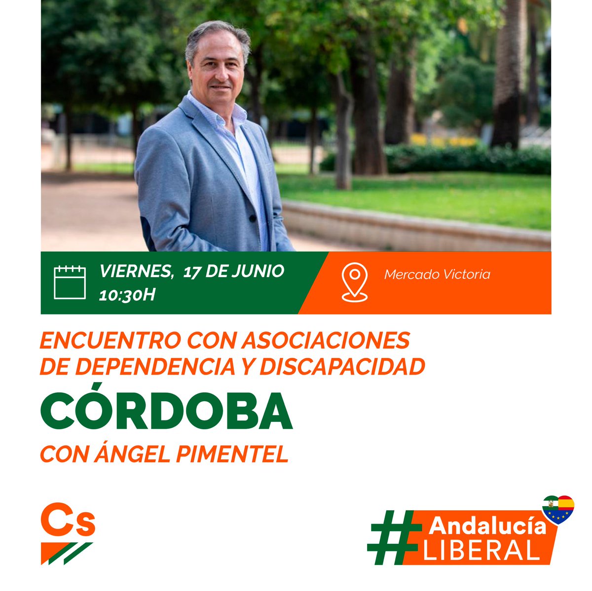 CsCordoba_Prov's tweet photo. 🟠 ¡Mañana te esperamos en el @MercVictoria, junto a @AngelPimentel_, para hablar de dependencia y discapacidad!

⏰ A las 10:30 horas.

🔐 Cs ha blindado las políticas sociales en #Andalucía desde el Gobierno de la @AndaluciaJunta, con una inversión récord.
#CsVotoDecisivo🍊 https://t.co/GW2BdbUXdS