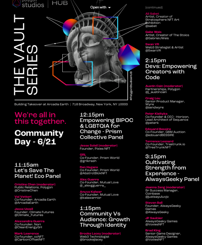 justsayuluvjo's tweet photo. Will you be at NFT NYC next week? I'm speaking next Tuesday (Jun 21) at 3:15pm on @0xPolygon's "Cultivating Strength from Experience" panel with @AlwaysGeeky @jpsaulnier83 @BradKingEth, from the @VoxiesNFT  gaming studio that I've been advising. Would love to catch you IRL! https://t.co/RQNCj4YjlD