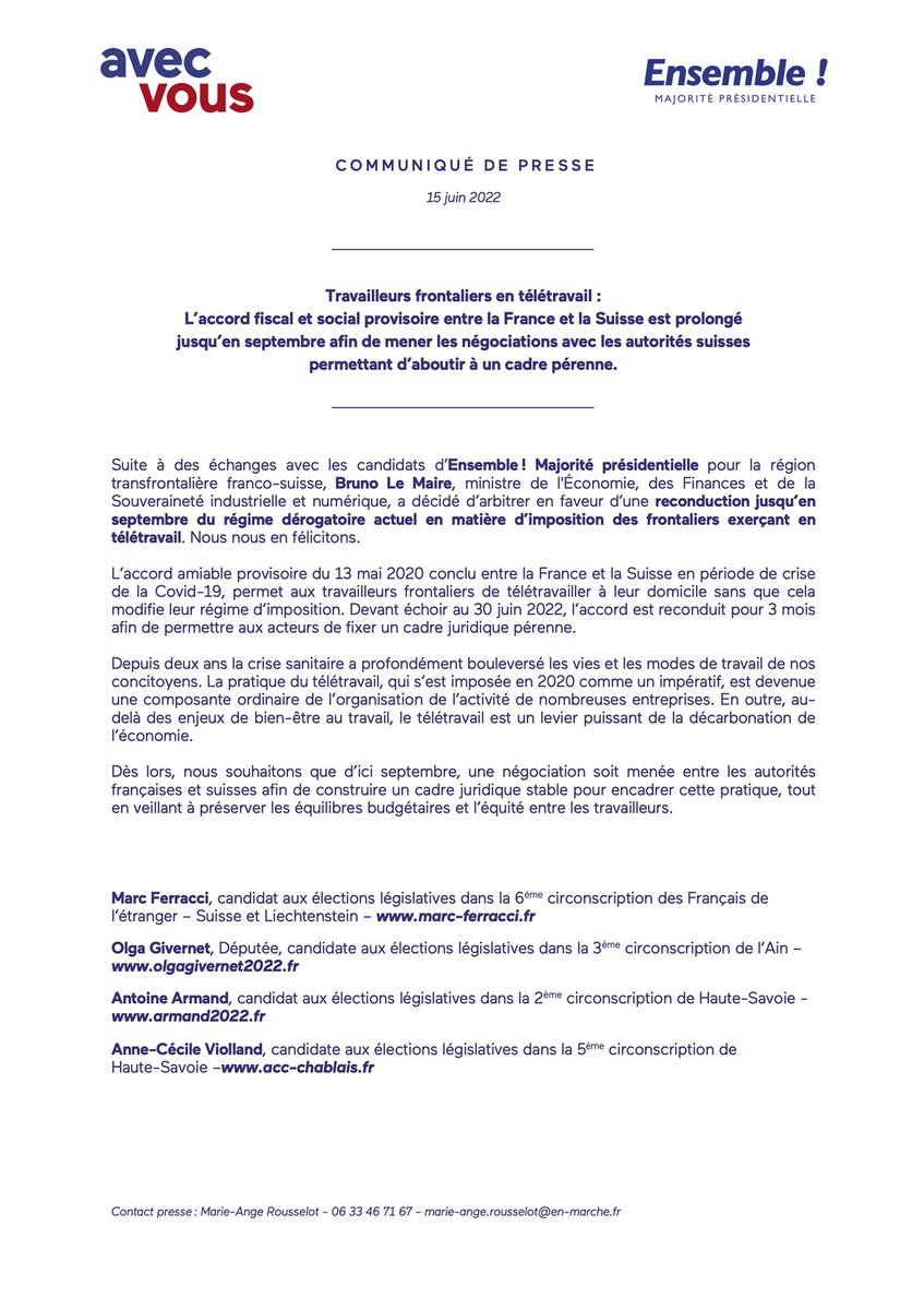 FerracciMarc's tweet photo. Suite aux échanges que nous avons eus avec les cabinets de B. Le Maire et G. Attal, le régime de télétravail des salariés frontaliers 🇫🇷/🇨🇭est prolongé jusqu’au 30 septembre.

Ceci doit permettre d’aboutir avec les autorités suisses à un cadre juridique pérenne et équitable. https://t.co/H2YF5YrLBy