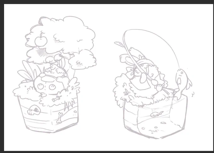寝かせてたskebの。個人的にこういう箱庭みたいなイラスト描いてみたかったので、この感じで描いてこう 