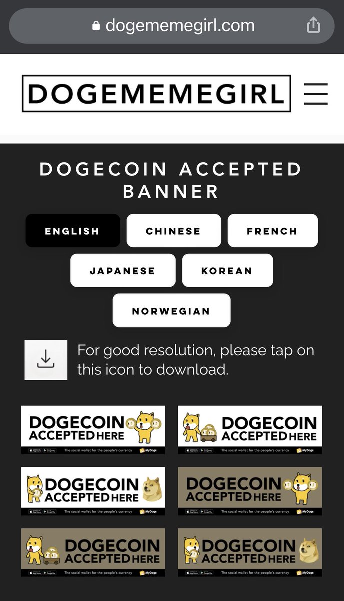 Dogememegirl's tweet photo. “Dogecoin accepted BANNER” is now available in 6 languages, which other languages do you want me to add, please let me know. 😊Download banners here 👇https://t.co/fmjERR5Mw9 😙
#Doge #Dogecoin #AcceptDoge https://t.co/aOVjQcEfw8