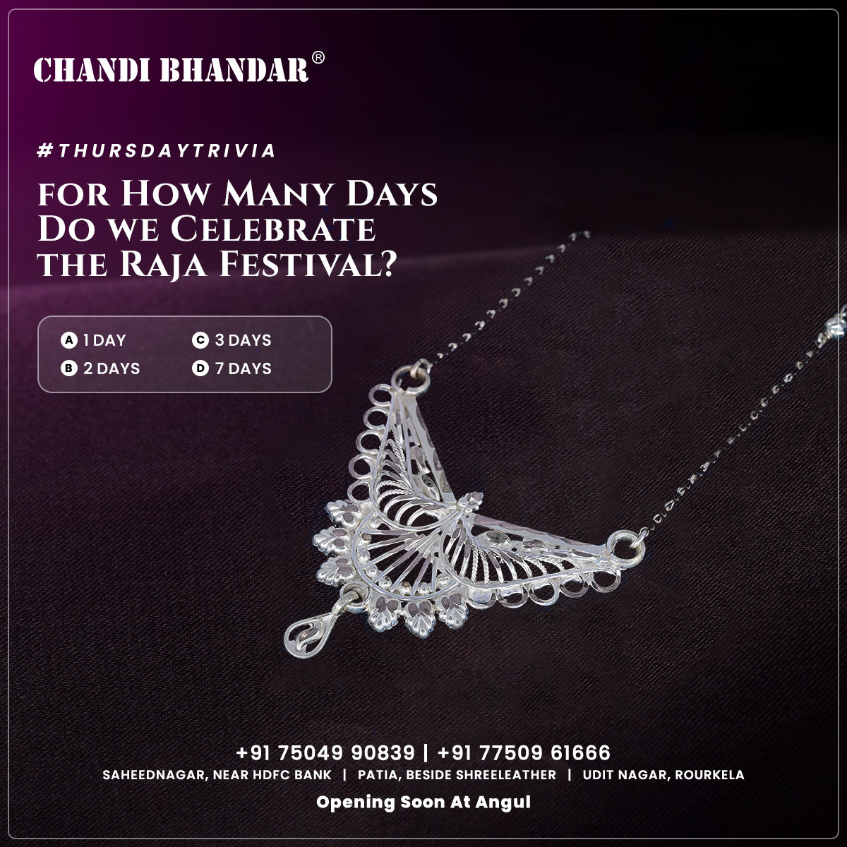 BhandarChandi's tweet photo. ✨ANSWER &amp; WIN✨
Comment the Answer &amp; Win Shopping Coupon worth 500/- 
Let's see who knows the best about Rajo Festival.
Lucky Winner's Name will be announced on 18th June 2022.
#ChandiBhandar #thursday #ThursdayTrivia
#TriviaTime #quiz #contest #silver #silverjewellery
#odisha https://t.co/9ZdthAUeGv