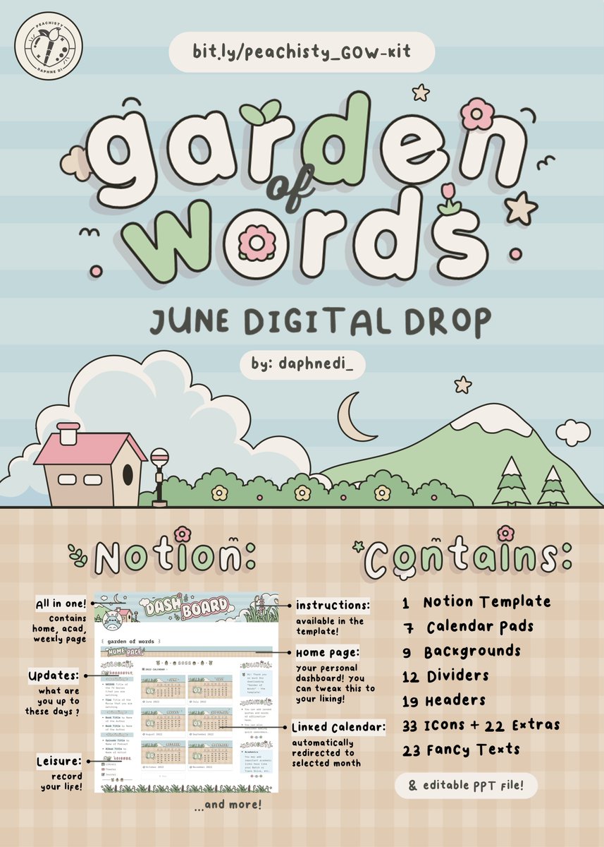 ꒰ garden of words notion template + kit ꒱

SUPRISE! garden of words notion template and kit is out! create your own little all-in-one notion garden using this month's freebies! #notiontwt ♡ 

📥 download:
template • bit.ly/peachisty_GOW
gfx kit • bit.ly/peachisty_GOW-…