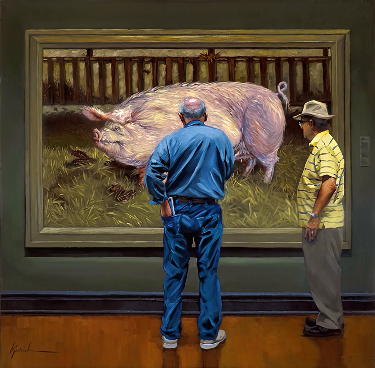 Sizing Up, oil on panel by @KarinJurick (1961-2021), oil on panel, featuring Jamie Wyeth's Portrait of a Pig. She passed away a year ago today and posted this just 2 days before. I miss her brilliant everything. Please take a look: instagram.com/karinjurickart…