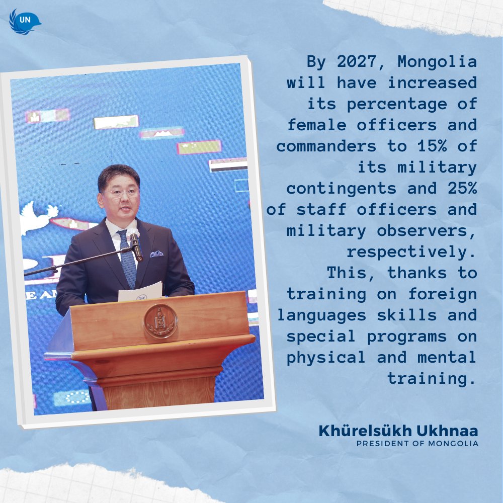 During the opening session of the international conference on #WomeninPeacekeeping in Ulaanbataar, the President of Mongolia🇲🇳 reaffirmed his commitment to the #WomenPeaceSecurity agenda and to recruit, train &amp; promote women peacekeepers. #A4P

👉🏽peacekeeping.un.org/en/women-peace…