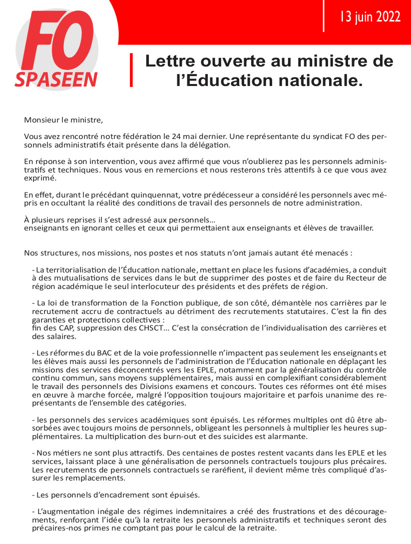 Spaseen_FO's tweet photo. Lettre ouverte au ministre de
l’Éducation nationale https://t.co/1RfTqibklR