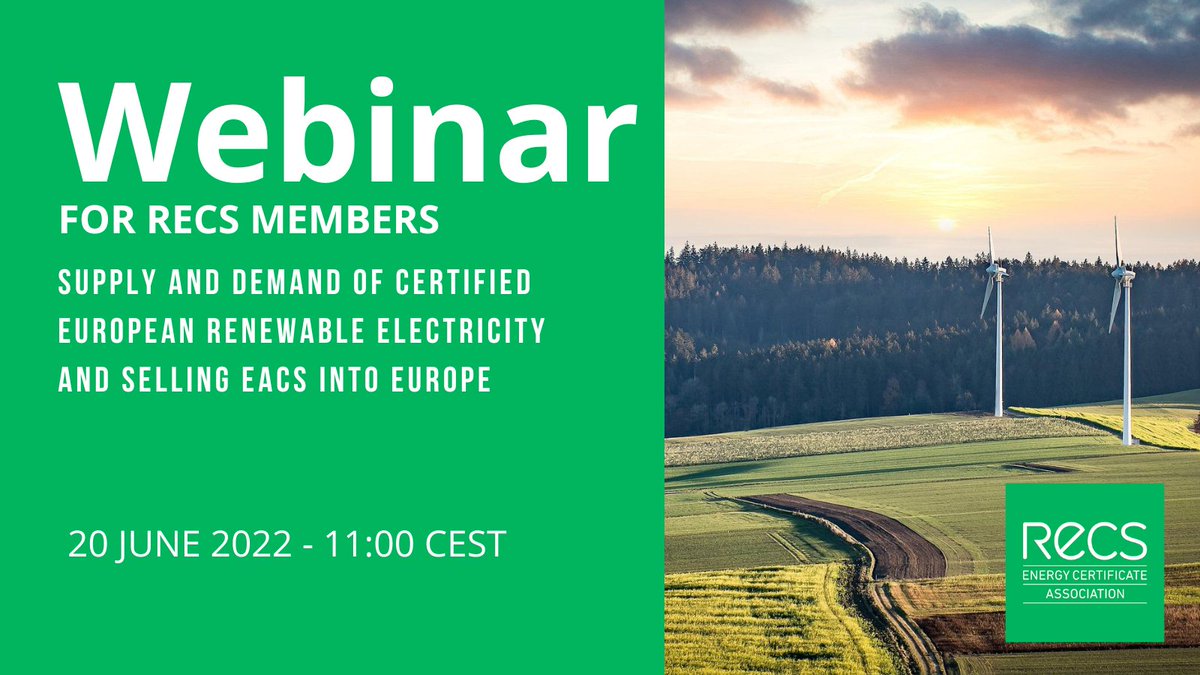 Coming Monday 20 June RECS is organizing a webinar for its members about the supply and demand of certified European #renewable #electricity and selling EACs into Europe. For details and registration go to bit.ly/3xoDFTJ