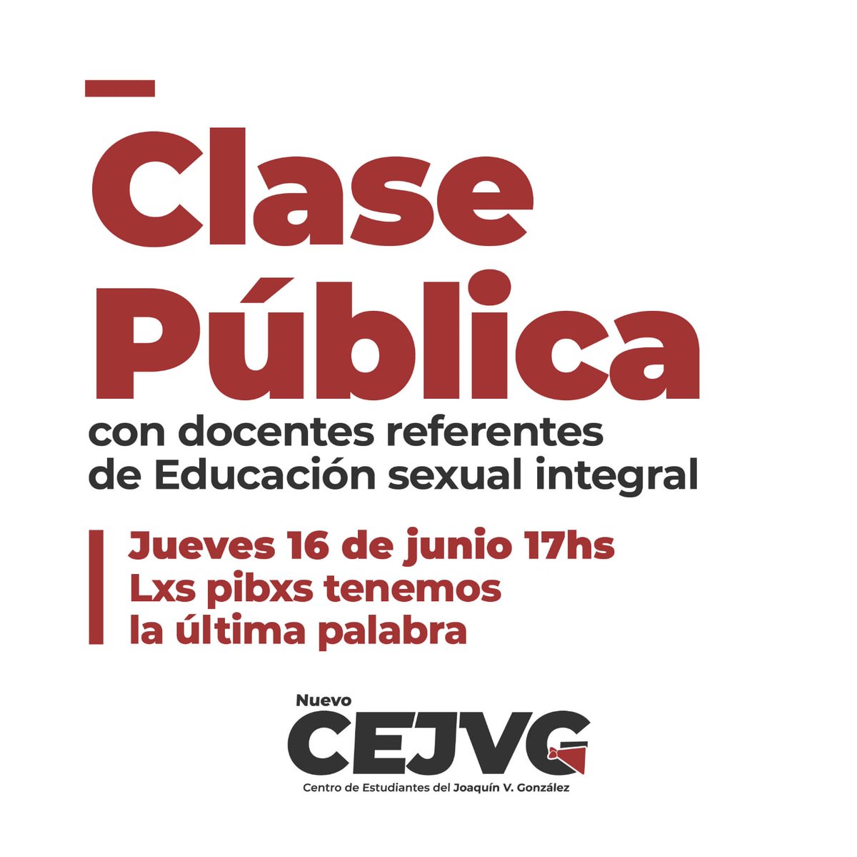 👉[Hoy]
Vamos a estar participando junto a lxs estudiantes de una clase pública en respuesta a los ataques de Acuña.
En defensa de la ESI, la docencia y lxs estudiantes.
Lxs esperamos
<a href="/CamilaJMichel_/">Camila Jazmin Michel</a>