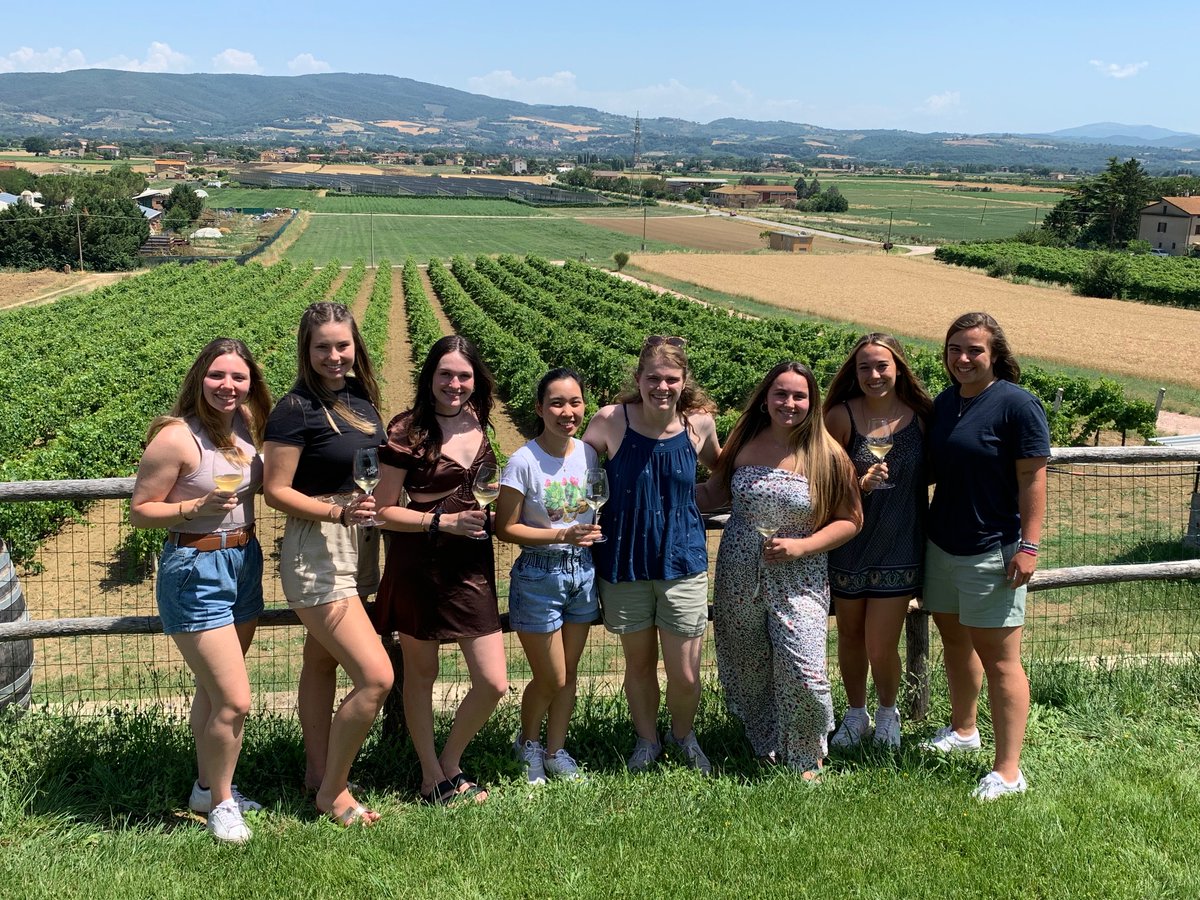 LVC's tweet image. Cheers to the weekend! Students in Dr. Clark's “Made in Italy: Local Sources, Global Brands” study abroad course toured a winery in Italy this week! #GoLVC #LVCabroad #LVCsummer