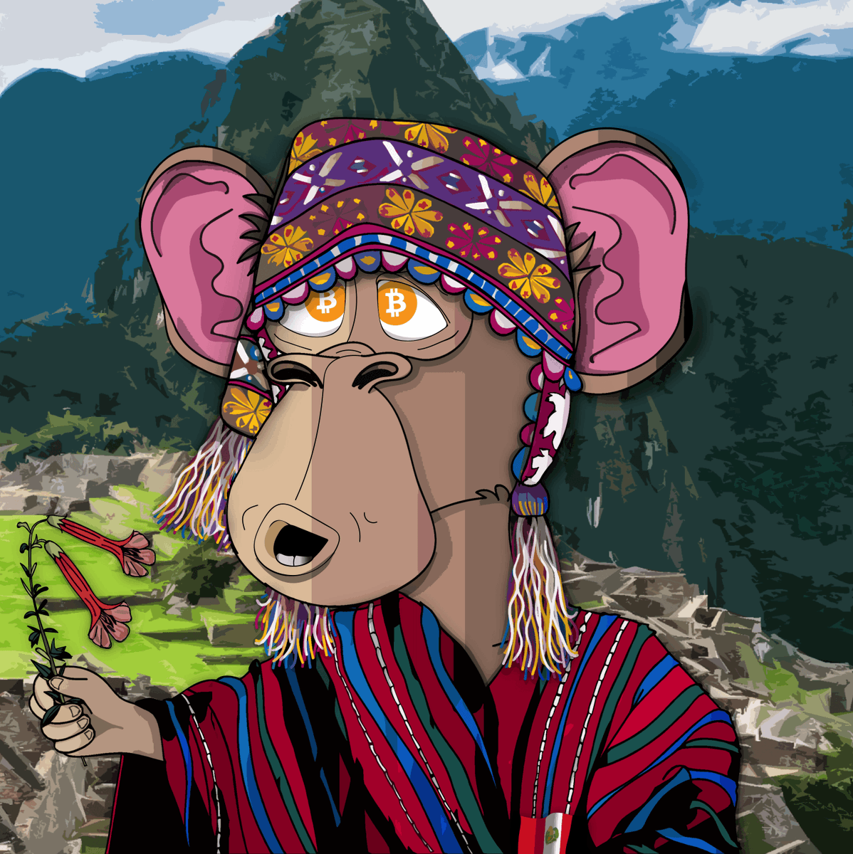 countryapesquad's tweet photo. It is believed that #MachuPicchu was the sacred religious site for Inca leaders. BTW the sacred flower of Cantua buxifolia, held by our #Peruvian #CountryApe, was likely used in religious and political ceremonies. Makes me wonder what he’s up to… 👀 

#NFT #nftart #NFTCommmunity https://t.co/7PlaZKQWKw
