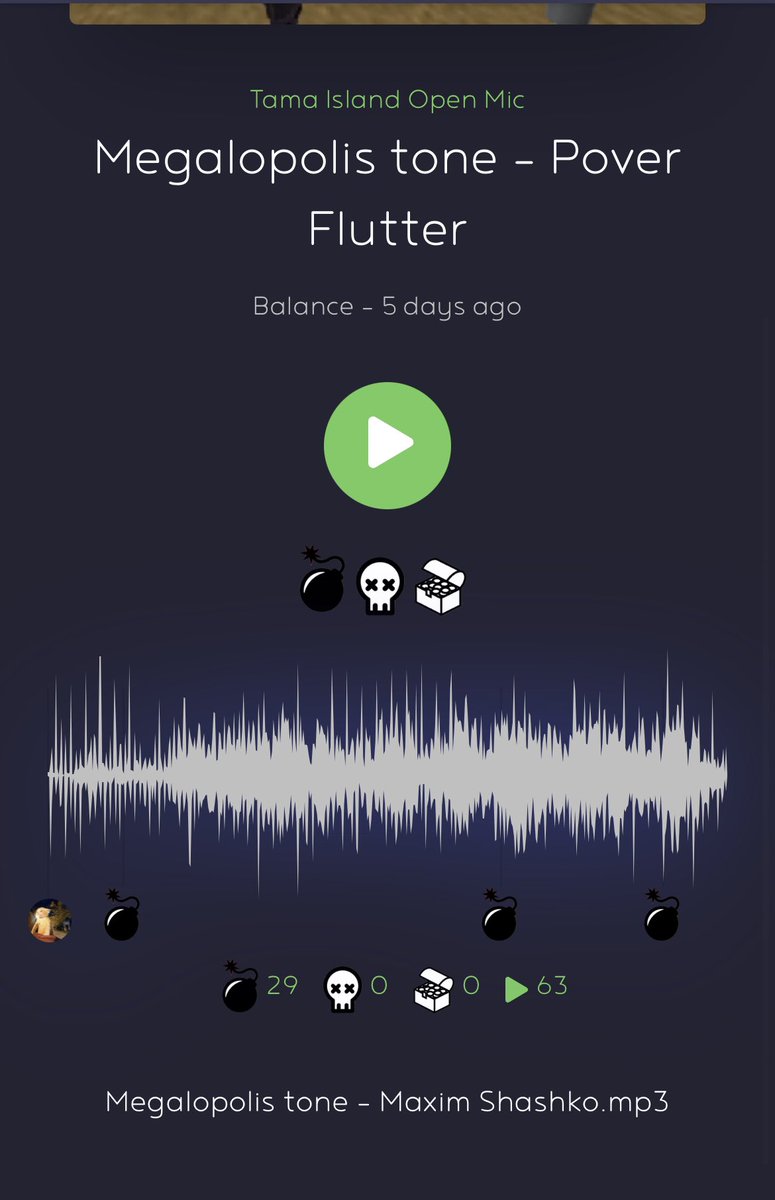 We have a winner!!🎉
Congratulations to <a href="/PoverFlutter/">Pover Flutter</a> for his winning Open Mic track this week! 🎶❣️

👉Go check out the track 'Megalopolis tone' on Tamago: tamastream.io/tracks/977