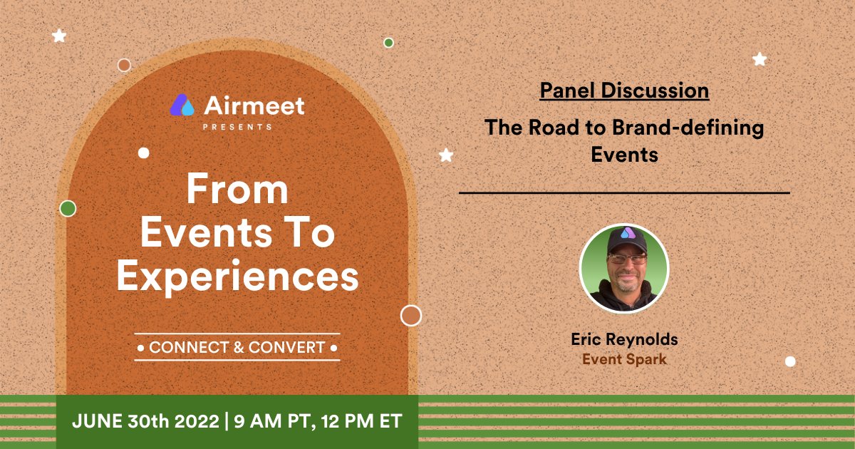 Airmeet's tweet photo. ๐Meet Eric Reynolds, the moderator for the panel discussion on crafting and executing brand-defining events at โFrom Events to Experiencesโ on 30th June. Learn the nitty-gritty of delivering event experiences that ooze brand value.๐
https://t.co/KtzzaNTlIV
#eventstoexperiences https://t.co/Scp4Au9ptV