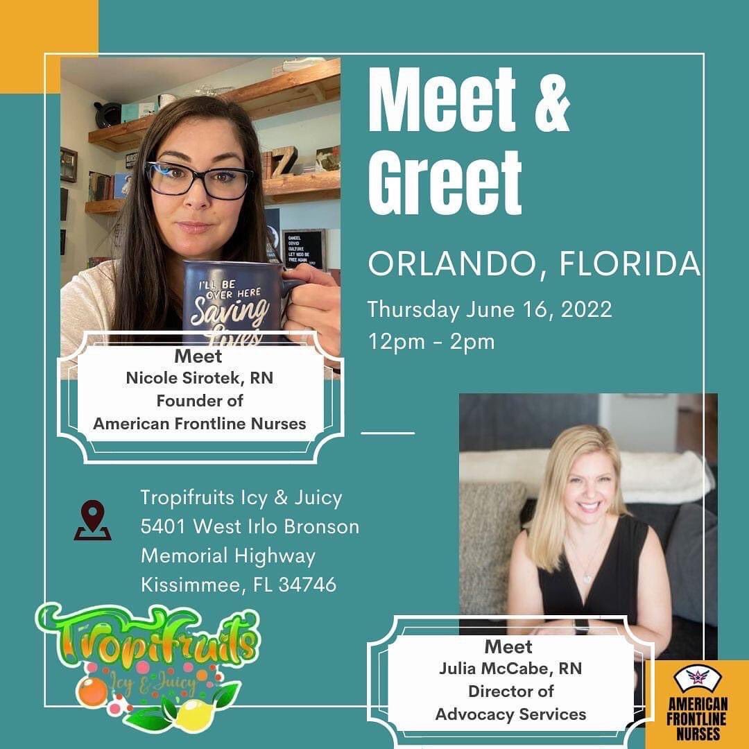 Ask_The_Nurses's tweet photo. Orlando Meet &amp; Greet!! Thursday June 16 grab a smoothie and catch up with Nicole Sirotek, RN, founder of American Frontline Nurses &amp; Julia McCabe, Director of Advocacy at Tropifruits Icy &amp; Juicy in Kissimmee, Florida! 12pm - 2pm

#americanfrontlinenurses https://t.co/ckBzzve9jh