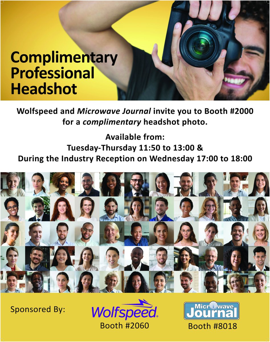 jndimarco's tweet photo. Looking to update those social media profile pics? You're in luck. Wolfspeed and MWJ are offering complimentary professional headshots at next week's IMS2022 in Denver. Details are to follow. #IMS2022 https://t.co/HmDC6a3074