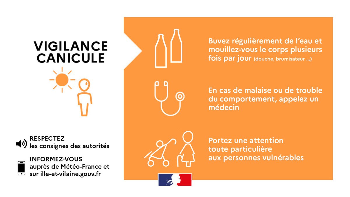 #Canicule2022 | 🟠 Le département d'#IlleEtVilaine est placé demain, à partir de 14h, en #VigilanceOrange.

➡️ Les températures pourraient atteindre 41°C localement
⚠️ Soyez vigilants

ℹ️ Suivez l'évolution sur vigilance.meteofrance.fr
ℹ️ Informez-vous sur ille-et-vilaine.gouv.fr