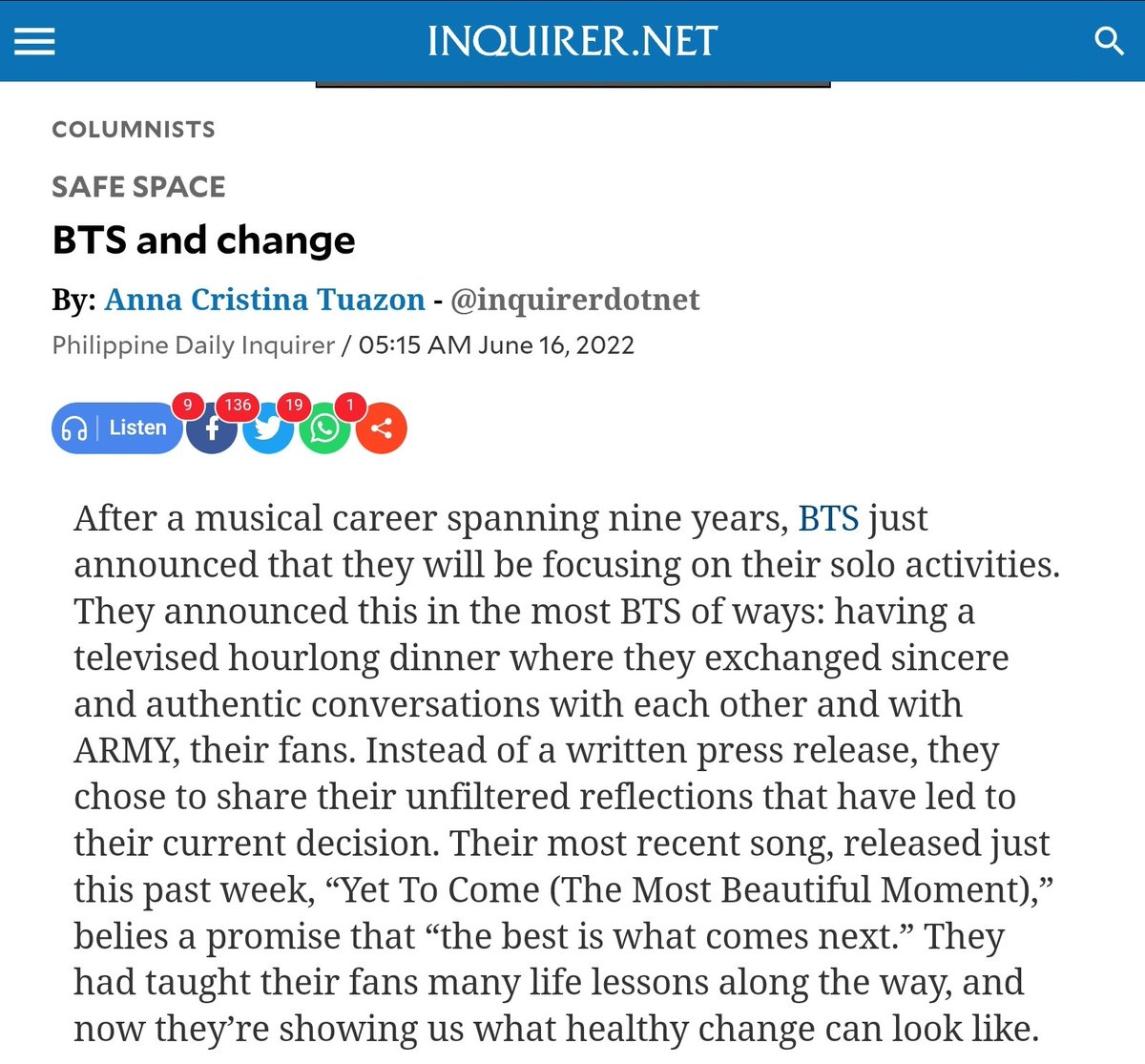MrsTOH2O's tweet photo. For those who can't open the link! But if ya can read the article, please give it a click! Link in the tweet above! 🥰💜☝️ #BTS #BTSARMY #BTS_Proof #TheMostBeautifulMoment #YetToCome @BTS_twt https://t.co/NANatOzncn