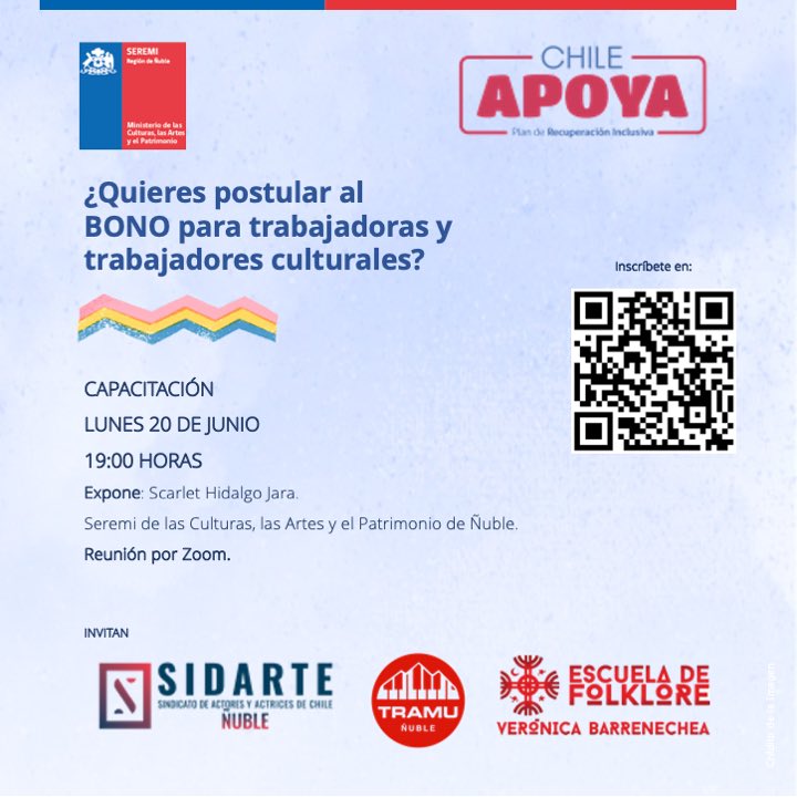 culturas_nuble's tweet photo. 👉 Hasta el 23 de junio puedes postular al Bono para trabajadoras y trabajadores culturales.
❓ Si tienes dudas, participa en la capacitación que se hará el próximo lunes 20 de junio a las 19h.
✳️ Mientras tanto, actualiza tu Registro Social de Hogares y obtén tu Clave Única. https://t.co/6ORJJ6yAFs