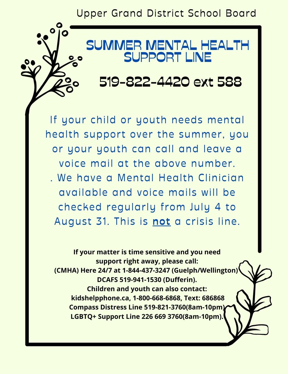 The UGDSB's Summer Mental Health Support Line will return this summer. Please note that this is not a crisis line: ow.ly/NKXJ50Jzf8J #MHUG