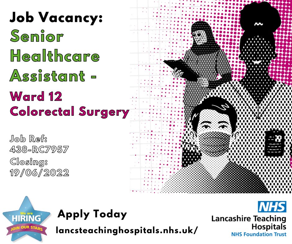 LancsHospJobs's tweet photo. ⚠️Closing soon...

Job vacancy: Senior Health Care Assistant - Ward 12 #Colorectal Surgery @LancsHospitals 

⏰ Closes: 19/06/22

Read more and apply: https://t.co/ijb5sOPqEE
#NHS #NHSJobs #SeniorHealthcareAssistant #WeAreHCSWs #Preston #lancashire #SeniorHCA #Band3 @Ward12_lthtr https://t.co/iS2vZVqVhm