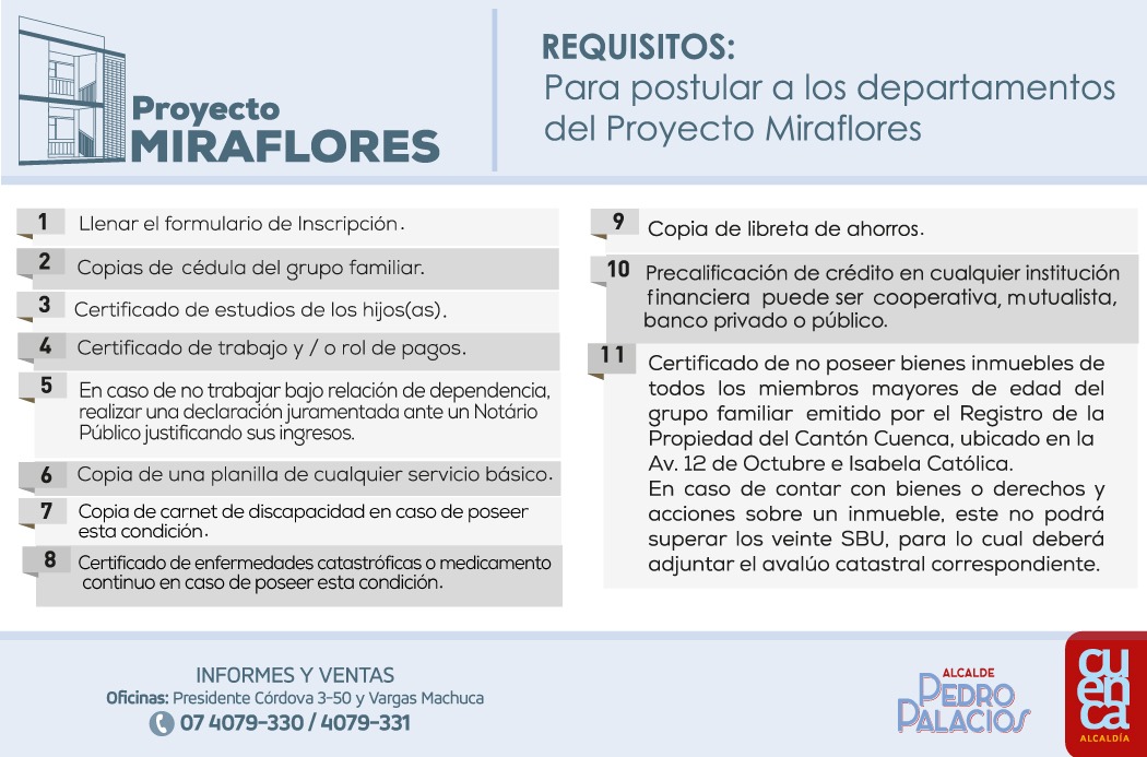 Esta es la  documentación que deben presentar quienes desean postular para adquirir los departamentos de Miraflores.
#CuencaEsAhora