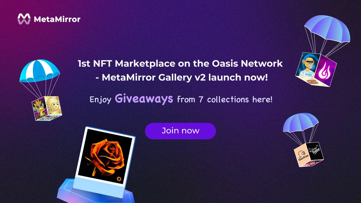 MetaMirror Gallery v2 is LIVE <a href="/OasisProtocol/">Oasis 🌹</a>!
Explore this at gallery.metamirror.space

To celebrate, we present an ecosystem-wide Giveaway along with our partners: <a href="/SwarmTeddies/">The Swarm Teddies</a> <a href="/oasisapes/">Oasis Apes- SOLD OUT!</a> <a href="/rose_apes/">Rose Apes 1800🌹</a> @RosePadMedia <a href="/ODriftSouls/">Drift Souls</a> <a href="/MirageMarket/">Oasis Mirage</a> @TheGarlies

Check it in the thread!👇