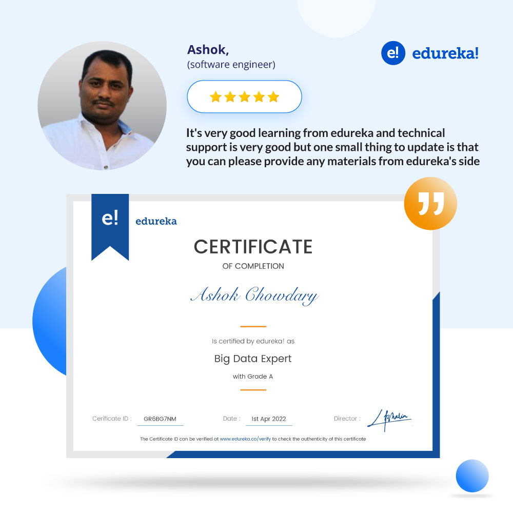 edurekaIN's tweet image. We are proud today to announce that Ashok successfully finished the #BigData and #Hadoop Certification Training. Join our Certification Training @ bit.ly/3QptWnH and begin your journey today to become a Big Data #HadoopDeveloper.
.
.
.
#Edtech #Edurekareviews