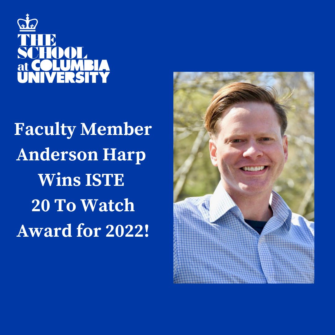Very proud to share that @Anderson_Harp, Educational Technologist at TSC, has won @ISTE 20 To Watch Award! This international honor recognizes outstanding innovation and is given to educators who are making a difference. Congrats, Mr. Harp! #ISTELive theschool.columbia.edu/news-detail?pk…