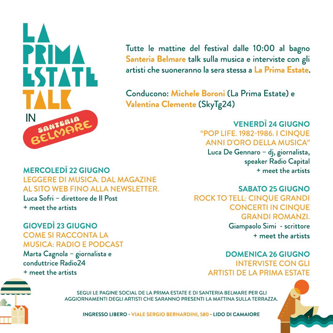 La_Prima_Estate's tweet photo. La Prima Estate Talk

Dal 22 al 26 giugno a partire dalle 10 di mattina, al bagno Santeria Belmare (@SanteriaMilano) di Lido di Camaiore, a 300 m dal Parco, si terrà La Prima Estate Talk, una serie di incontri sulla musica e interviste agli artisti che suoneranno al festival. https://t.co/vkr75jGhXa