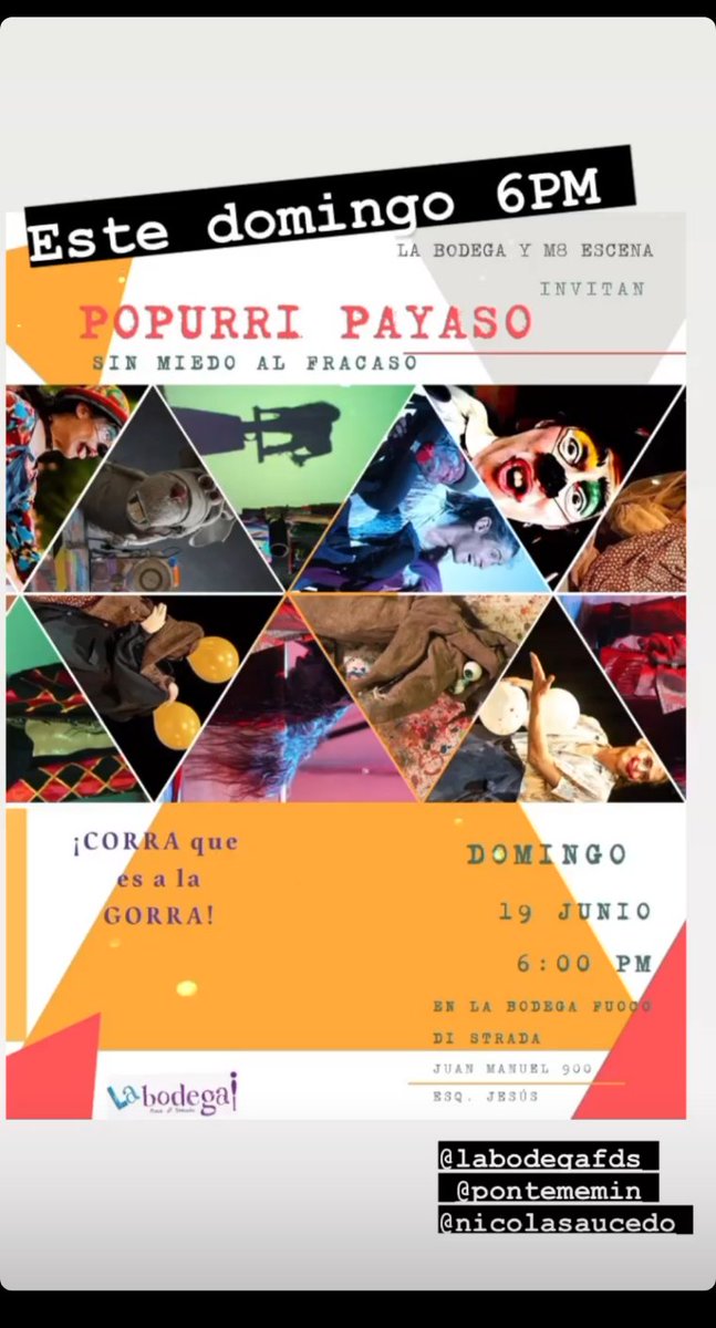 Domingo 19 de junio a las 18:00
"POPURRI PAYASO" de Pavel Eterovic, en #labodega

facebook.com/45417835138206…